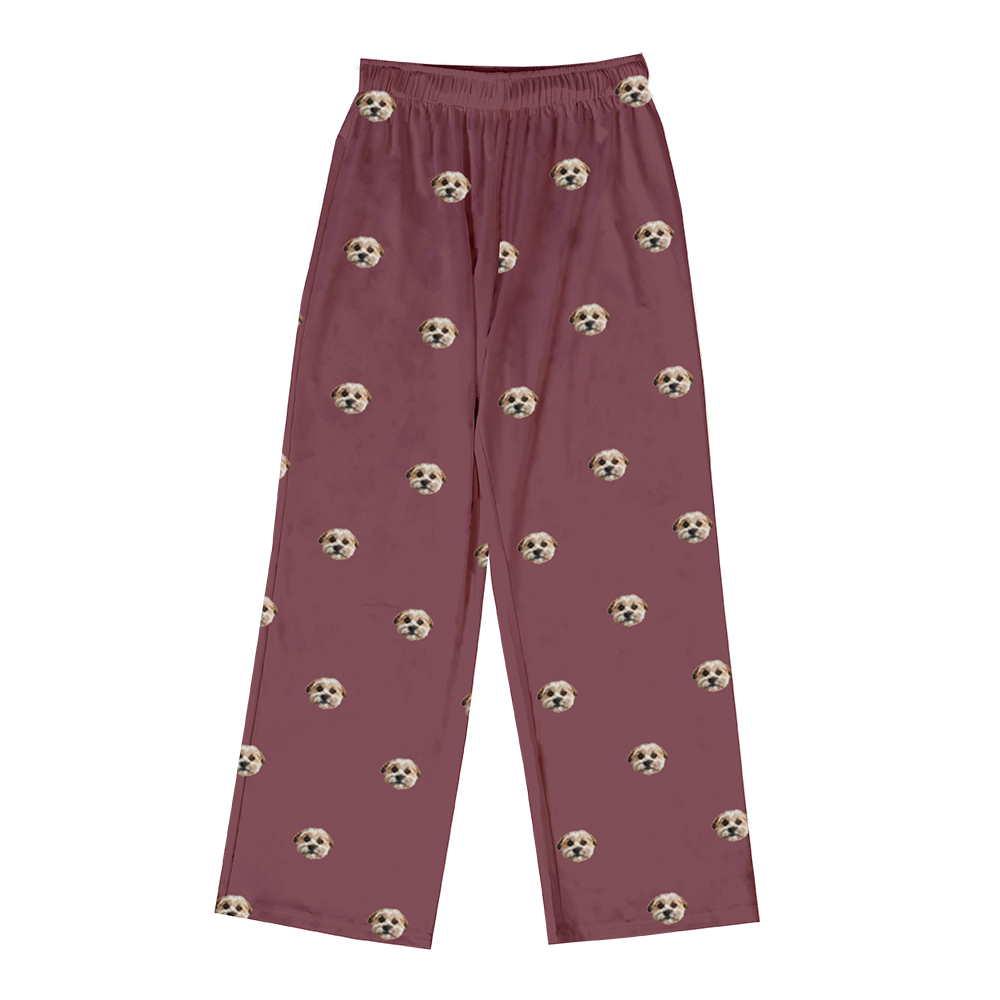 These are pajama pants in a maroon color with repeating pet faces on them[PajamaPants($53.00)]