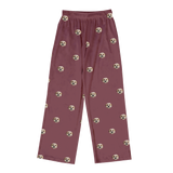 These are pajama pants in a maroon color with repeating pet faces on them[MaroonPajamaPants]