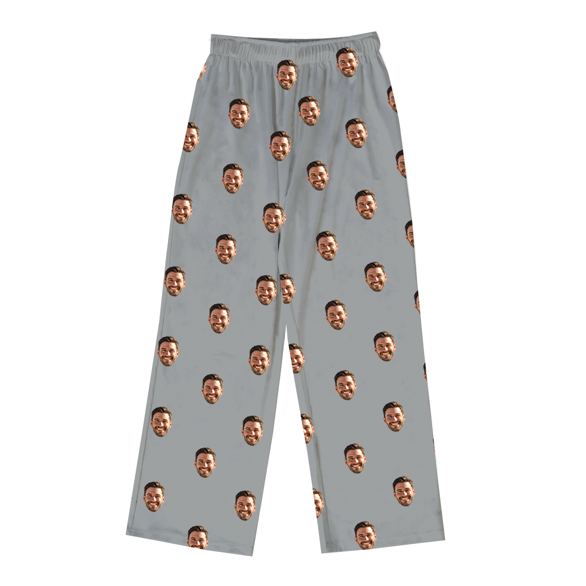 A pair of full-length pajama pants in a solid light gray or slate gray color. The pants are customized with multiple small, repeating images of a man's smiling face with a beard, covering the entire fabric. 