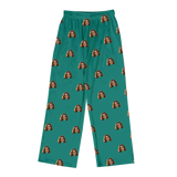 Teal green pajama pants featuring a repeating print of the same smiling woman’s face across fabric[SolidGreenPajamaPants]