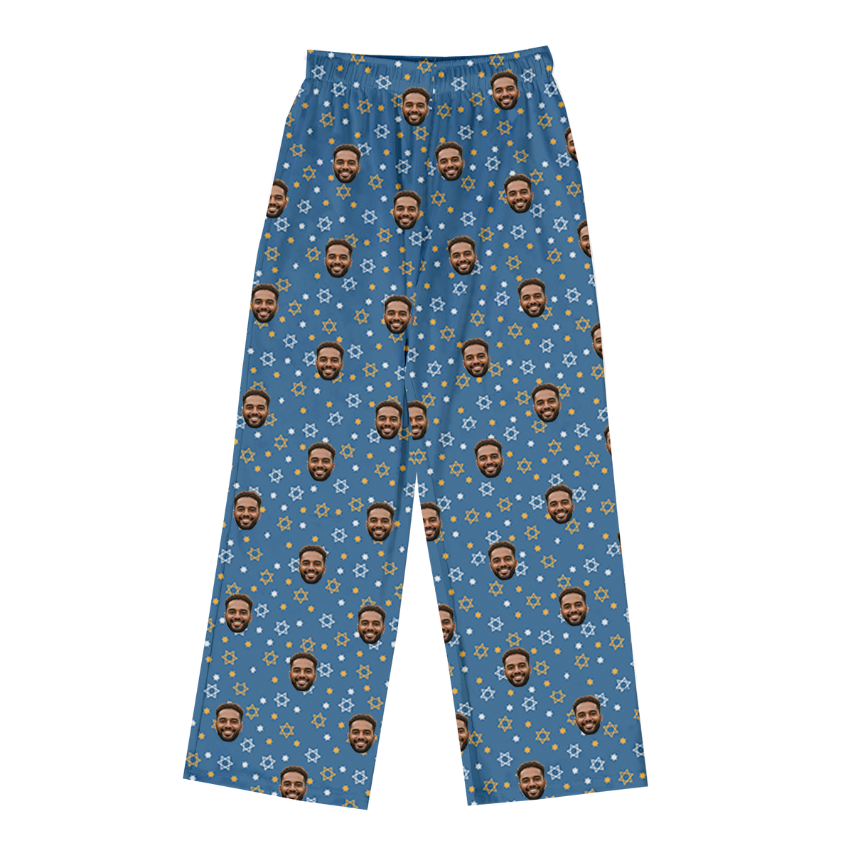 A pair of full-length pajama pants in a slate blue color. The pants are customized with a repeating pattern of white and orange/yellow stars of David, along with small, repeating images of a man's smiling face with a beard.