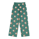 Teal pajama pants with all-over festive print of baby excited faces and scattered holiday berry sprigs[BerriesPajamaPants]