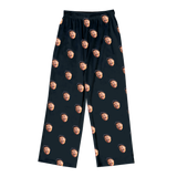 Black pajama pants featuring a repeating funny wide-mouth man face print across the entire fabric[BlackPajamaPants]