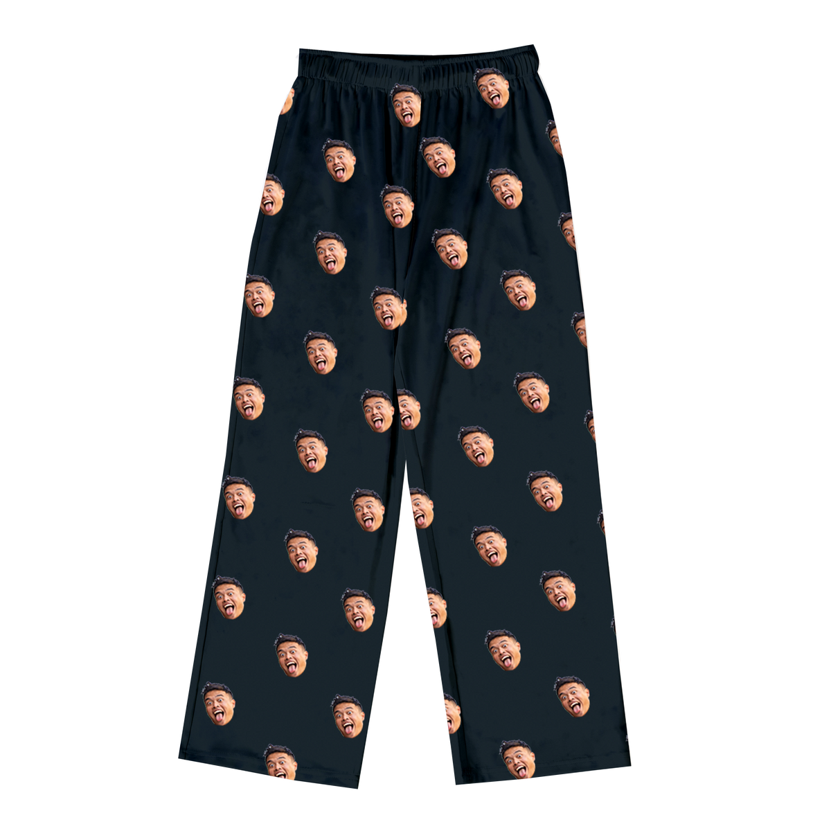 Black pajama pants decorated with a repeating pattern of the same man making a funny, wide-mouth expression across the fabric.