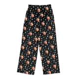 Black pajama pants with white snowflakes, dots, and repeating wide-open laughing man face print[BlackandWhiteSnowflakesPajamaPants]