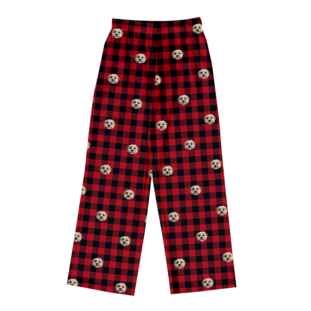 Red and black checkered pants with skull pattern on a white background