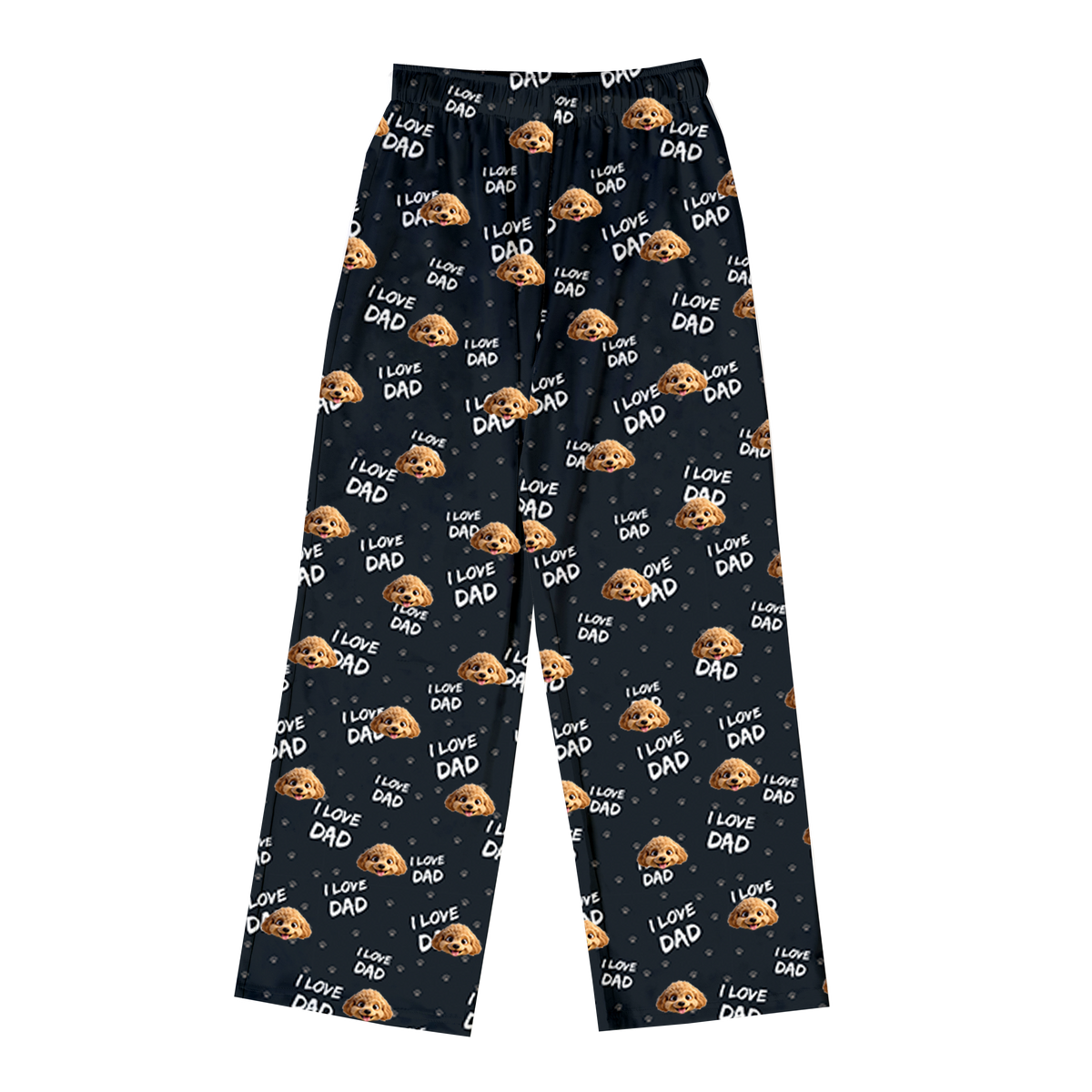 These are pajama pants in a black color with repeating pet faces on them[ILoveDadPajamaPants]