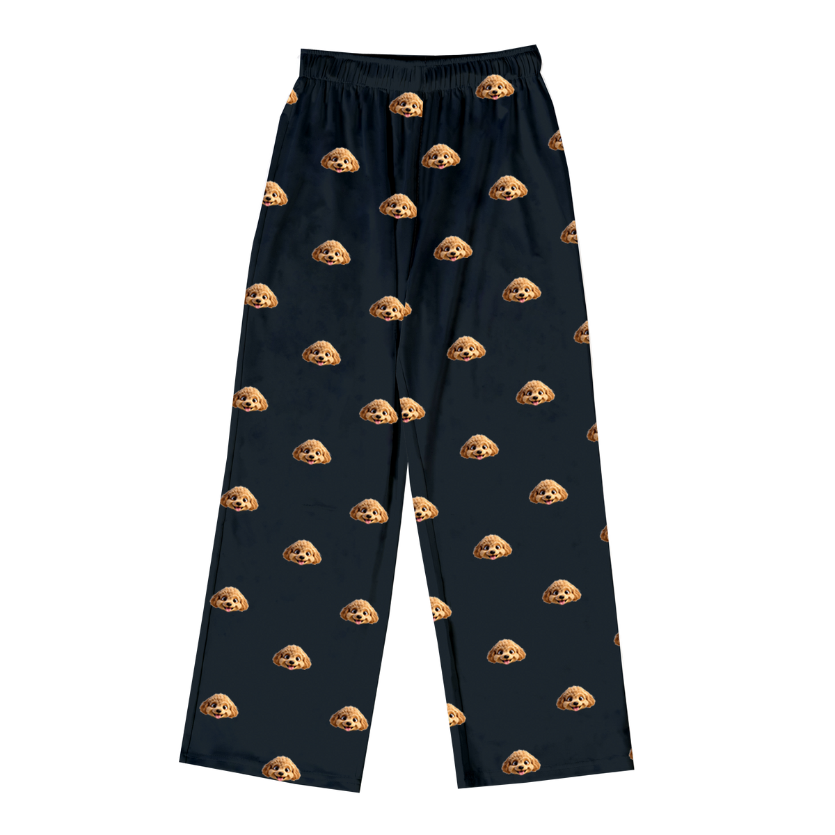 These are cartoon pajama pants in a black color with repeating pet faces on them[PajamaPants]