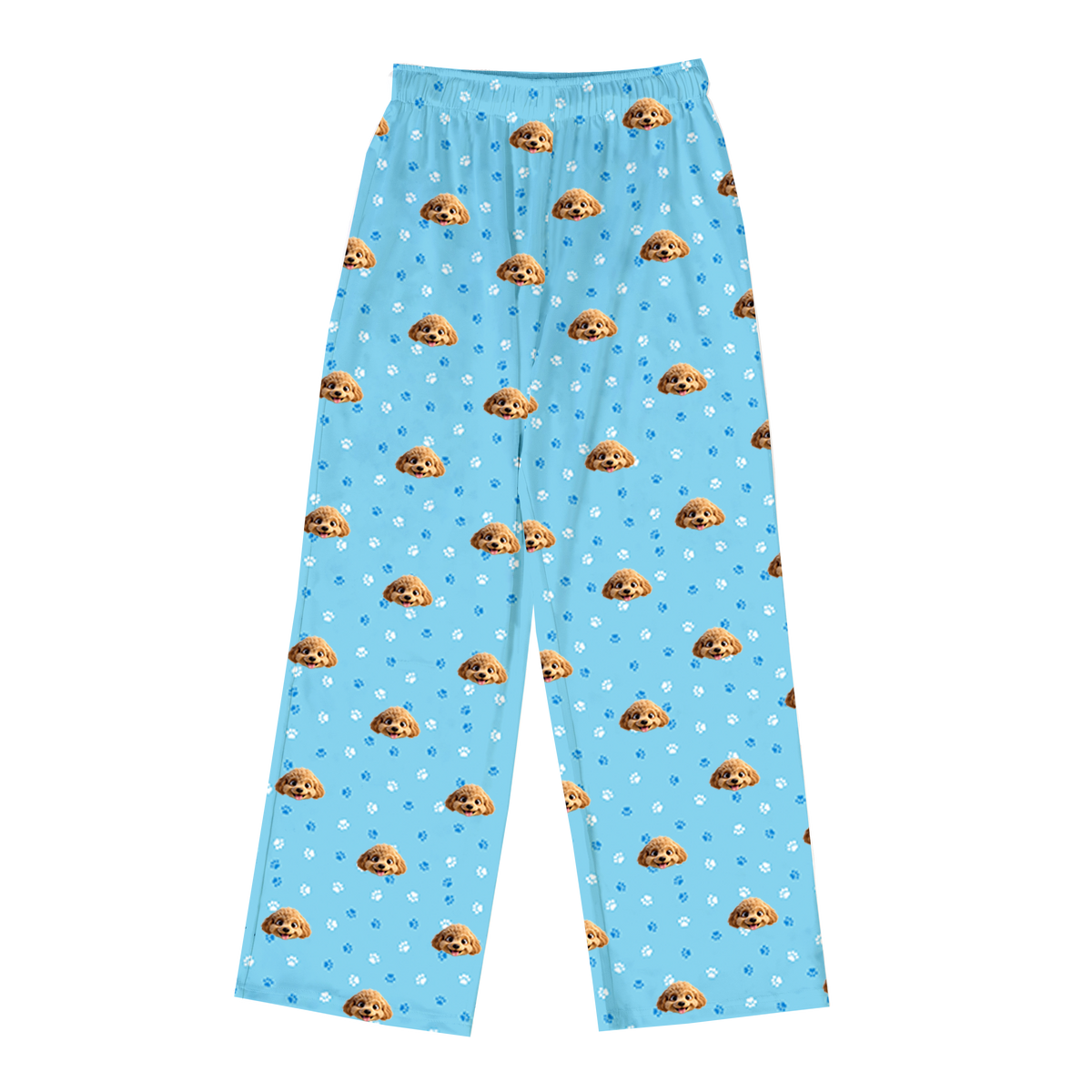 Children's pajama pants with cartoon dog and paws pattern on a light blue background[LightBluePawsPajamaPants]