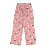 These are pajama pants in a pink color with repeating pet faces on them[PajamaPants($53.00)]