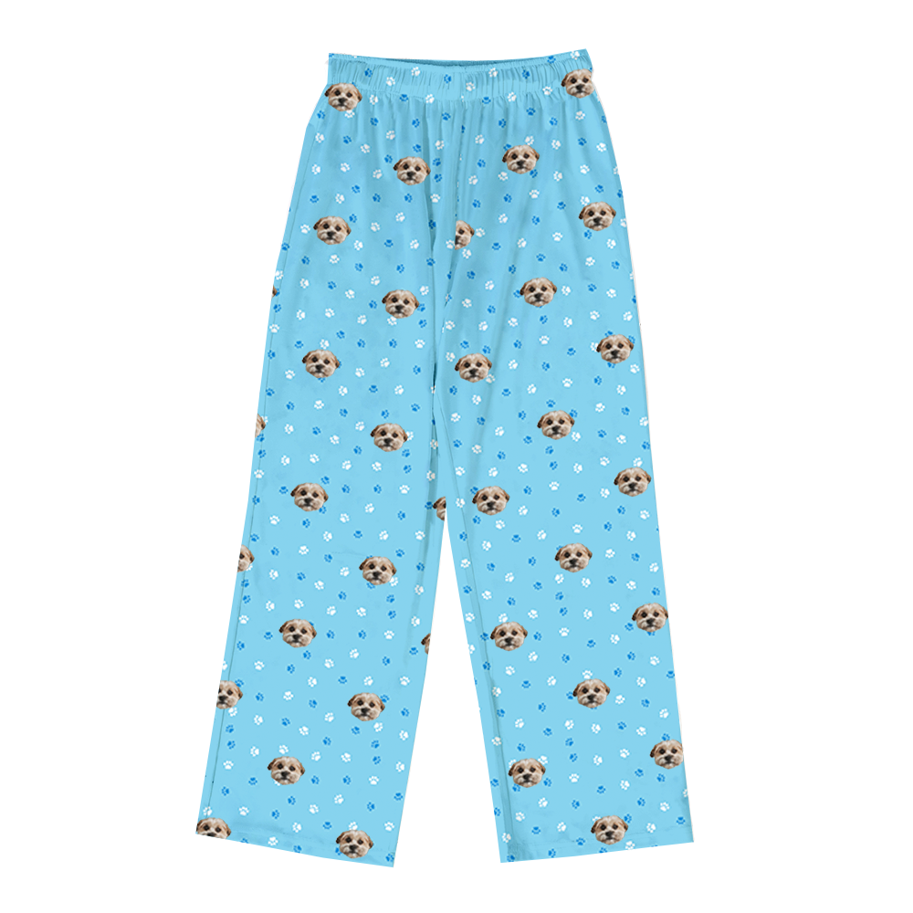 These are pajama pants in a blue color with repeating pet faces on them[PajamaPants($53.00)]