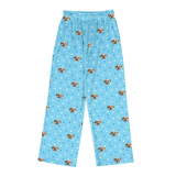 These are pajama pants in a blue color with repeating pet faces on them[LightBluePawsPajamaPants]