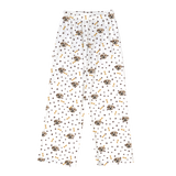 These are pajama pants in a paws and bones print with repeating pet faces on them[PawsandBones]