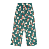 Teal pajama pants with all-over holiday print of baby faces, Santa icons, and small snowflakes[SantaPajamaPants]