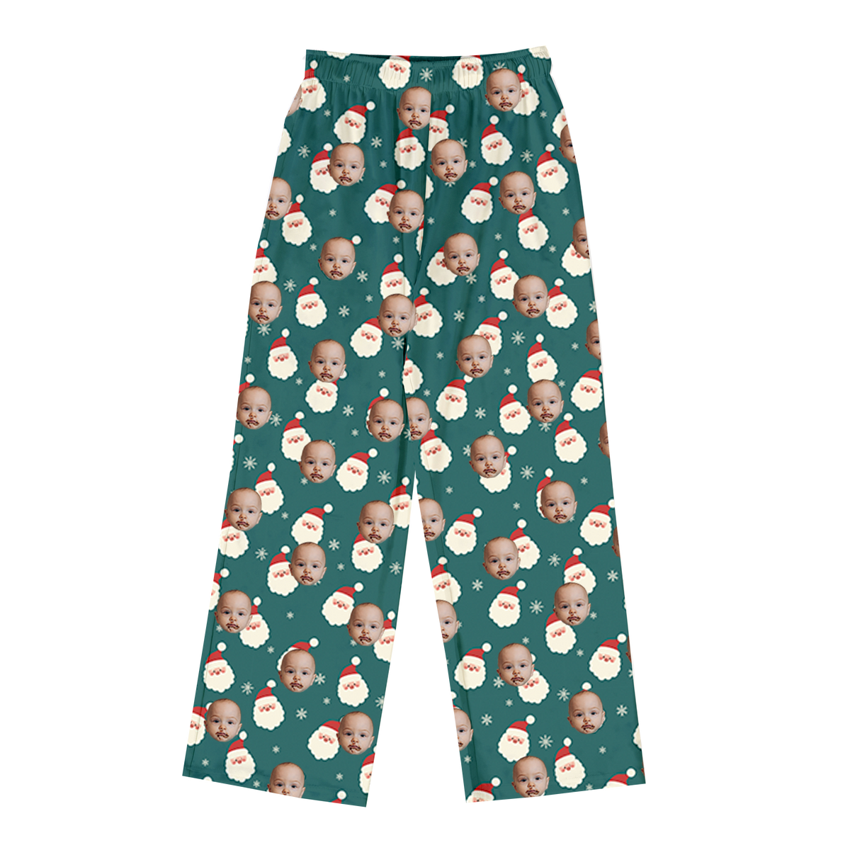 Teal pajama pants with an all-over holiday pattern featuring repeated baby faces, Santa faces, and small snowflakes.