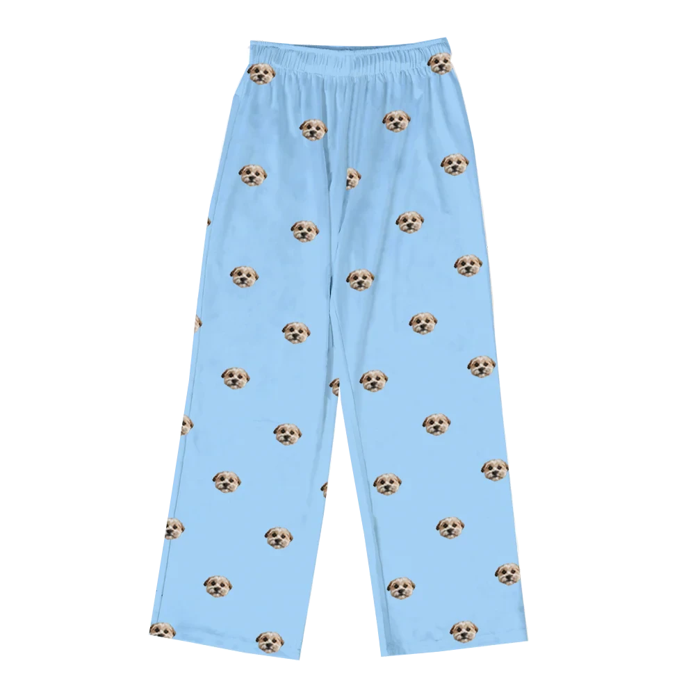 These are pajama pants in a blue color with repeating pet faces on them[PajamaPants($53.00)]