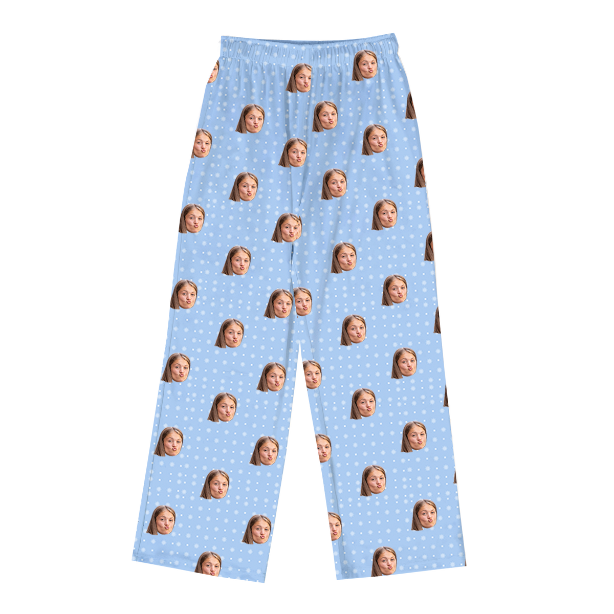 A pair of full-length pajama pants in a solid light blue color. The pants are customized with a subtle repeating pattern of tiny white stars, along with multiple small, repeating images of a young woman's face making a slightly pouting or kissy face expression. 