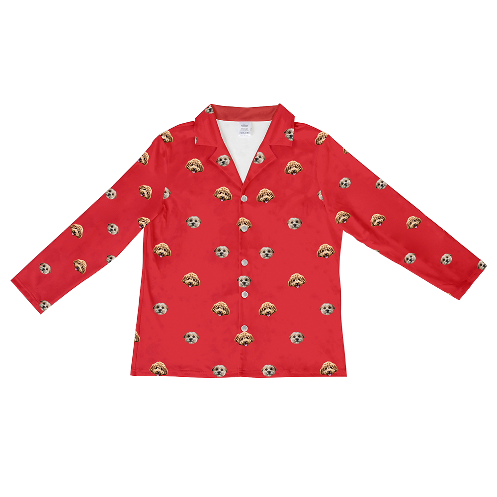 Personalized long-sleeved button-down pajama top on a bright red background, featuring a repeating pattern of the faces of two small, different-colored dogs.