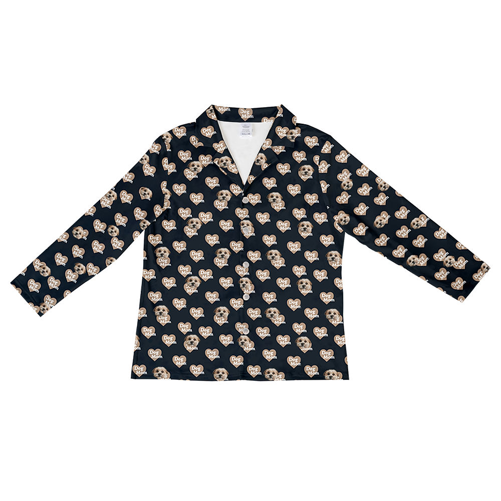 Black long-sleeve button-down pajama top with an all-over pattern of dog faces and heart-shaped ‘Dog Mom’ icons.