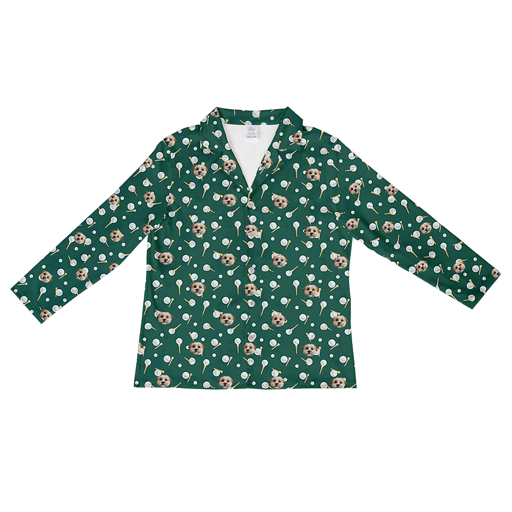 Green long-sleeve button-down pajama top with an all-over print of dog faces, golf balls, and golf tees.