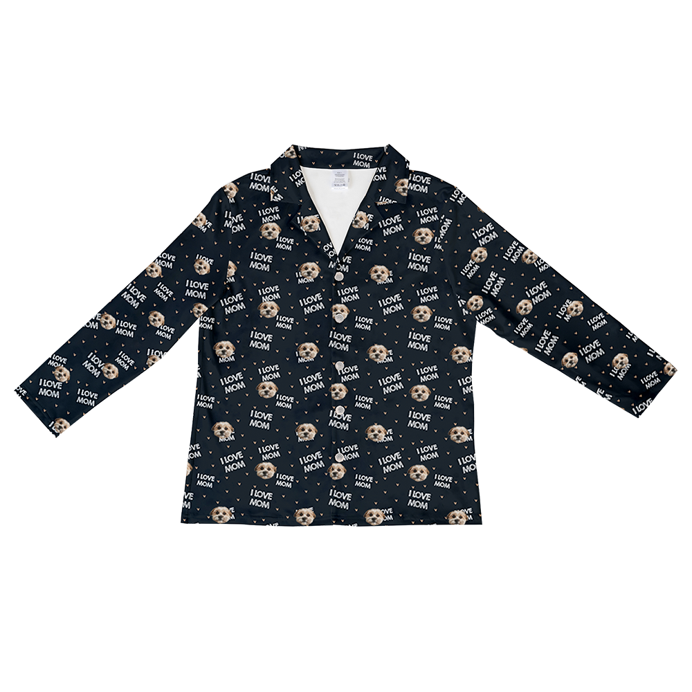 Black long-sleeve button-down pajama top with an all-over print of small dog faces and white ‘I Love Mom’ text.