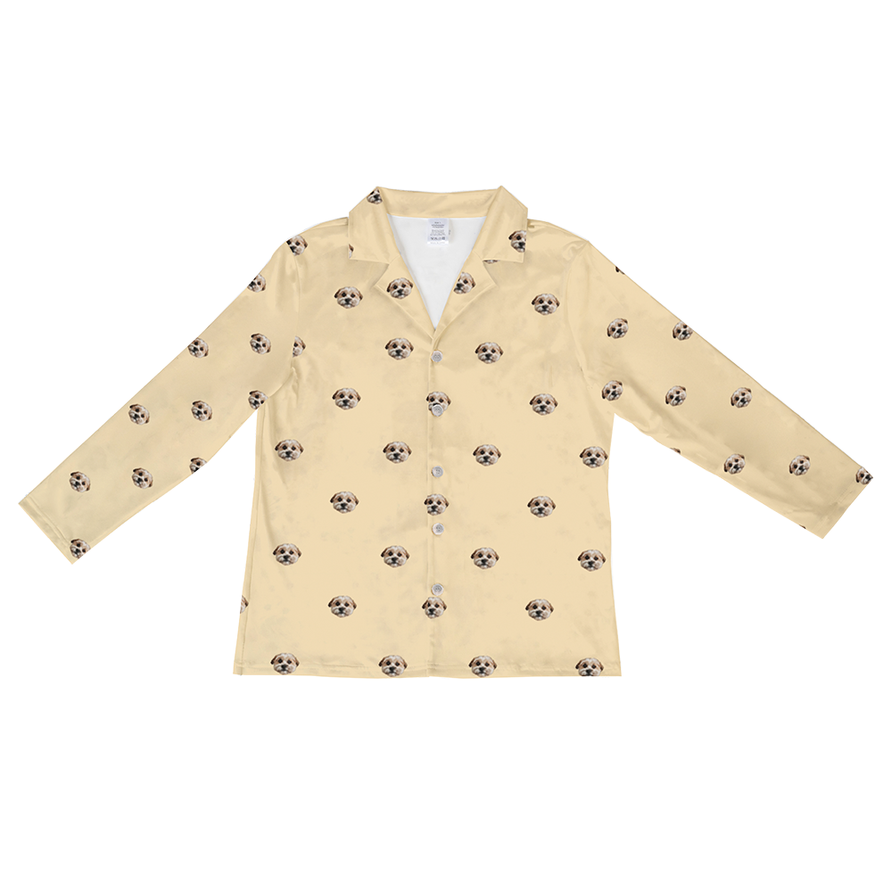 These are pajama long sleeve shirt in a butter yellow color with repeating pet faces on them[ButterYellowLongSleevePajamaShirt]