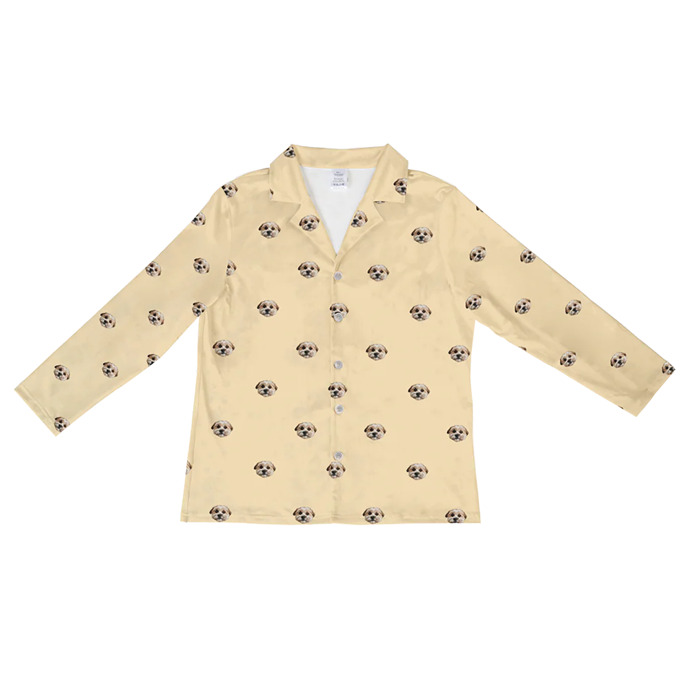 These are pajama long sleeve shirt in a yellow color with repeating pet faces on them[LongSleevePajamaShirt]