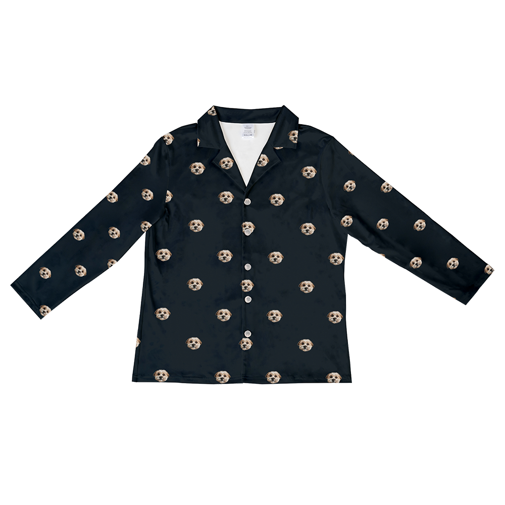 These are pajama long sleeve shirt in a black color with repeating pet faces on them[LongSleevePajamaShirt($53.00)]