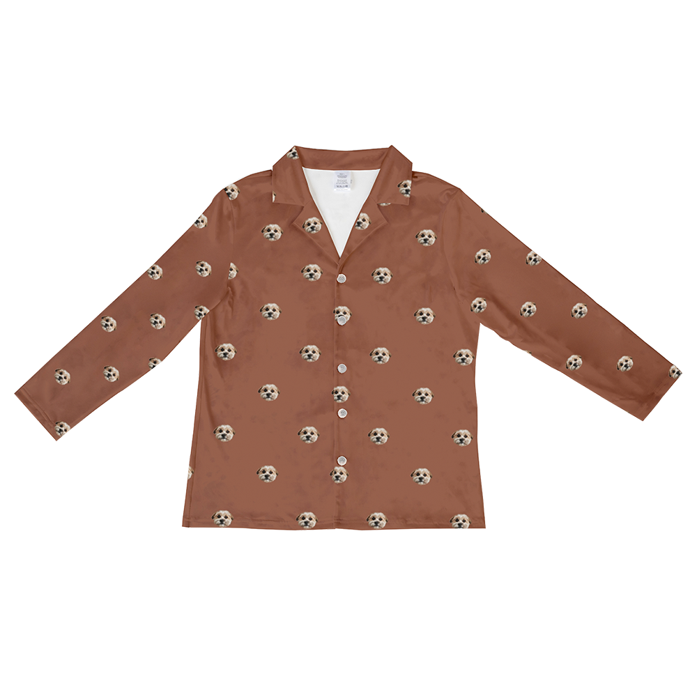 These are pajama long sleeve shirt in a brown color with repeating pet faces on them[LongSleevePajamaShirt]