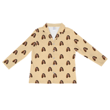 Yellow long-sleeve pajama shirt with repeating smiling brown-haired woman prints[ButterYellowLongSleevePajamaShirt]