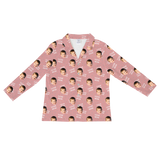 Dusty rose shirt: baby face prints, white dots, and repeating “I LOVE MOM” text[ILoveMomLongSleevePajamaShirt]