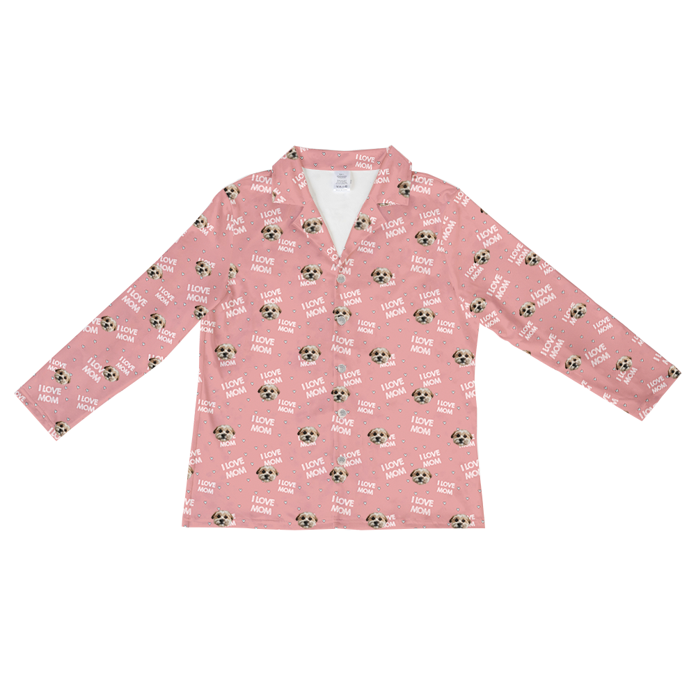 Pink long-sleeve pajama top featuring a repeating pattern of one dog face, small hearts, and the phrase “I LOVE MOM” throughout.