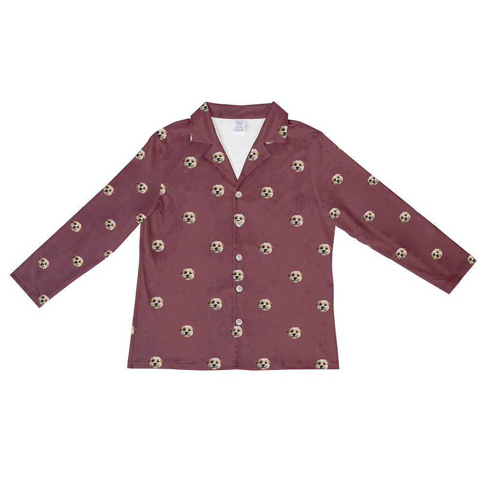 These are pajama long sleeve shirt in a maroon color with repeating pet faces on them[LongSleevePajamaShirt]