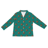 Teal long-sleeve pajama shirt with repeating smiling brown-haired woman prints[SolidGreenLongSleevePajamaShirt]