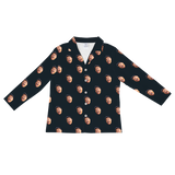 Black long-sleeve pajama shirt with repeating wide, excited man face prints[BlackLongSleevePajamaShirt]