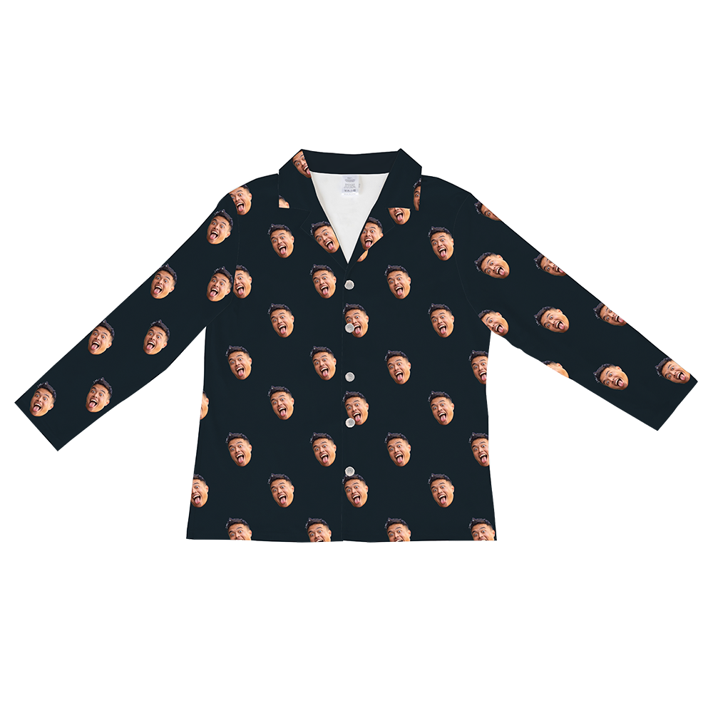 Long-sleeved, button-down pajama shirt in solid black, featuring a repeating pattern of a man's face with a wide, excited expression.