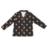 Black pajama shirt: white snowflakes and repeating wide-mouth man face prints[BlackandWhiteSnowflakesLongSleevePajamaShirt]
