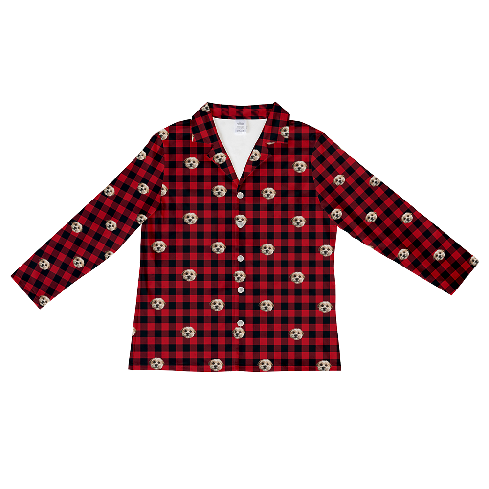 Red and black plaid shirt with skull pattern on a white background
