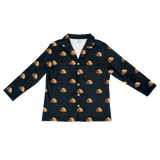 This is a cartoon long sleeve pajama shirt in a black color with repeating pet faces on them[LongSleevePajamaShirt]