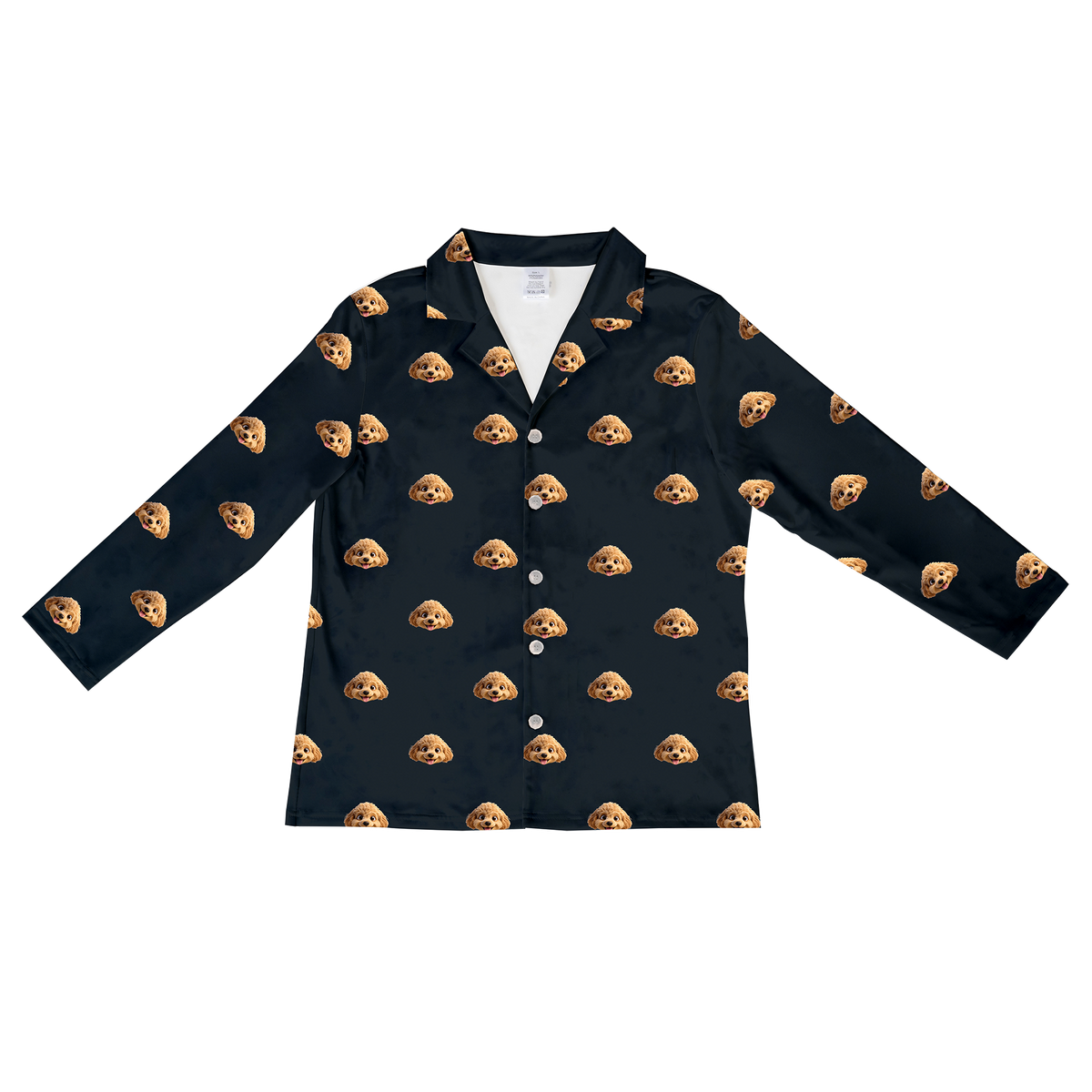 This is a cartoon long sleeve pajama shirt in a black color with repeating pet faces on them[LongSleevePajamaShirt]