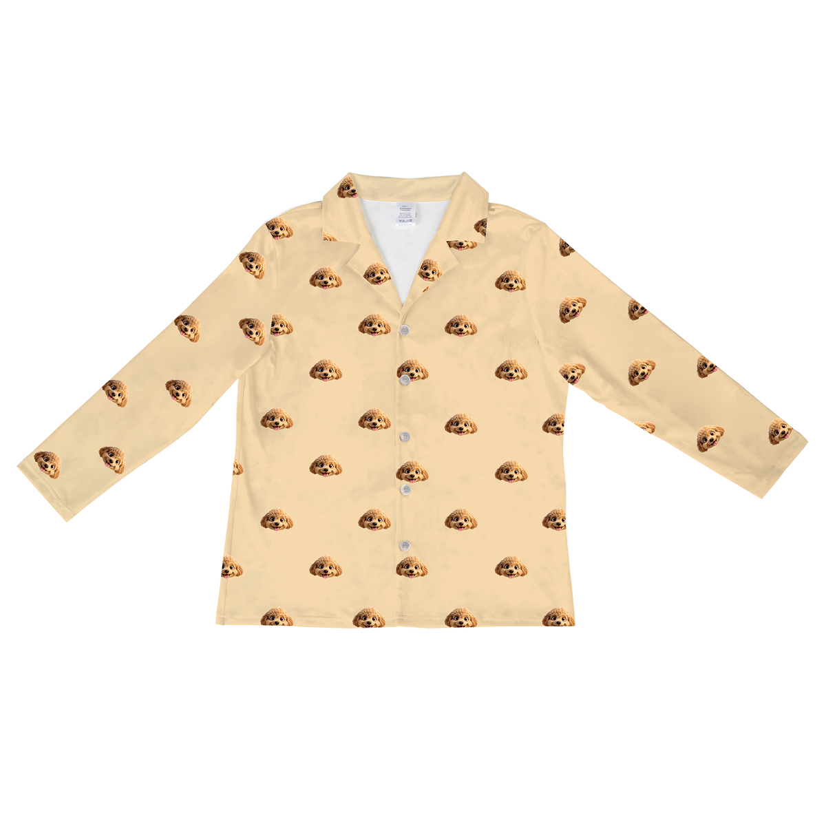 This is a cartoon long sleeve pajama shirt in a yellow color with repeating pet faces on them[LongSleevePajamaShirt]