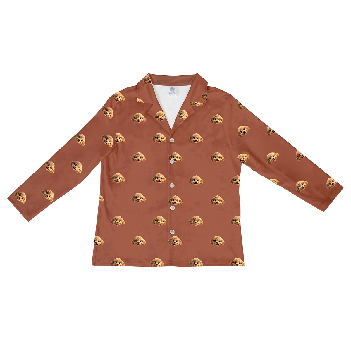 This is a cartoon long sleeve pajama shirt in a brown color with repeating pet faces on them[LongSleevePajamaShirt]