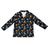 This is a cartoon long sleeve pajama shirt in a black color with repeating pet faces on them[LongSleevePajamaShirt]