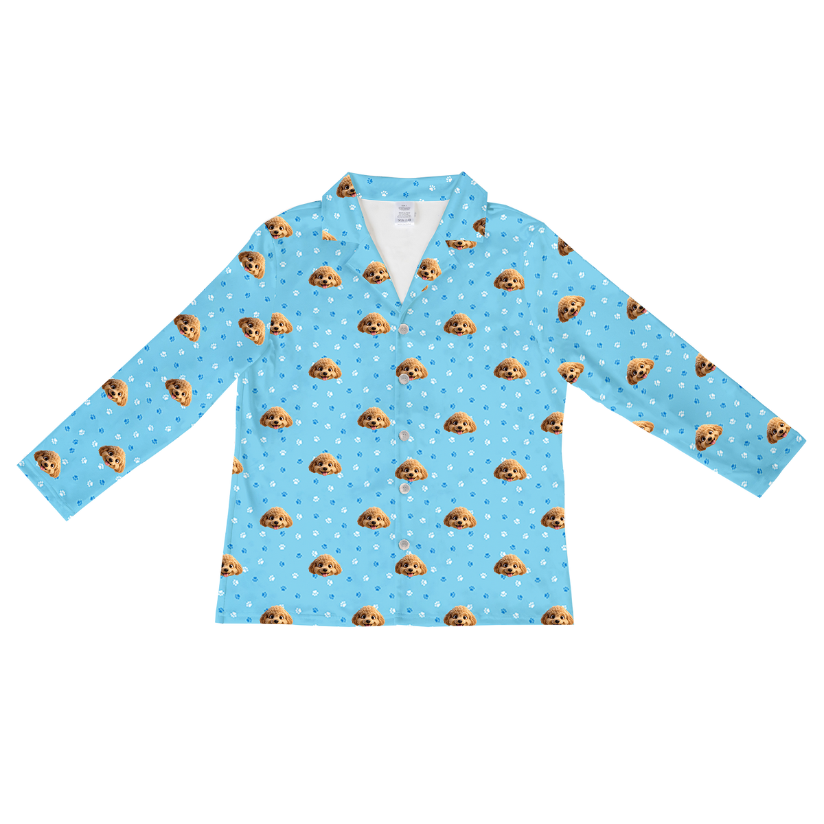 This is a cartoon long sleeve pajama shirt in a light blue color with repeating pet faces on them[LongSleevePajamaShirt]