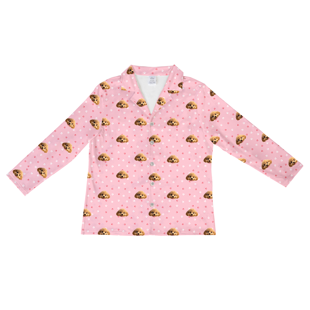 This is a cartoon long sleeve pajama shirt in a light pink color with repeating pet faces on them[LongSleevePajamaShirt]