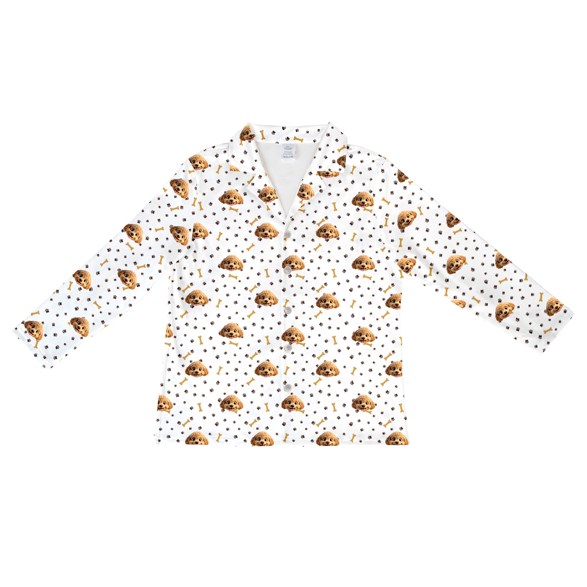 This is a cartoon long sleeve pajama shirt in a white color with repeating pet faces on them[LongSleevePajamaShirt]