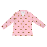 This is a cartoon long sleeve pajama shirt in a pink color with repeating pet faces on them[LongSleevePajamaShirt]