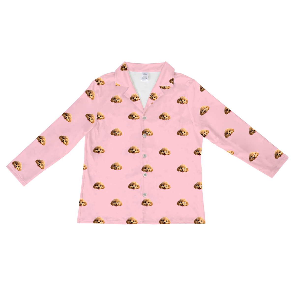 This is a cartoon long sleeve pajama shirt in a pink color with repeating pet faces on them[LongSleevePajamaShirt]