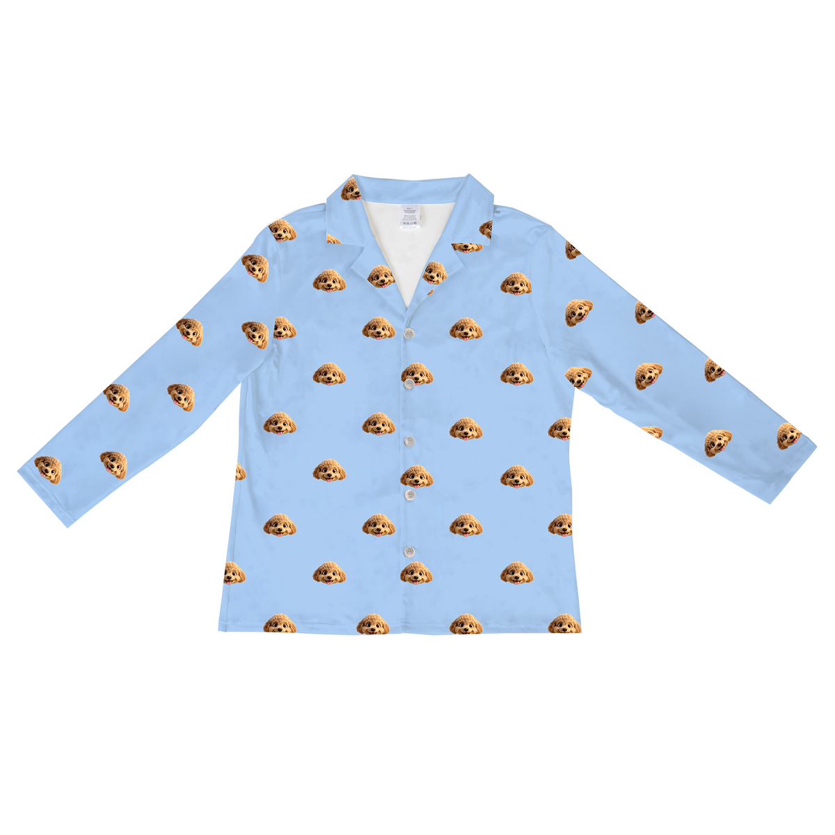 This is a cartoon long sleeve pajama shirt in a sky blue color with repeating pet faces on them[LongSleevePajamaShirt]