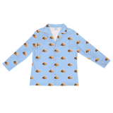 This is a cartoon long sleeve pajama shirt in a sky blue color with repeating pet faces on them[LongSleevePajamaShirt]